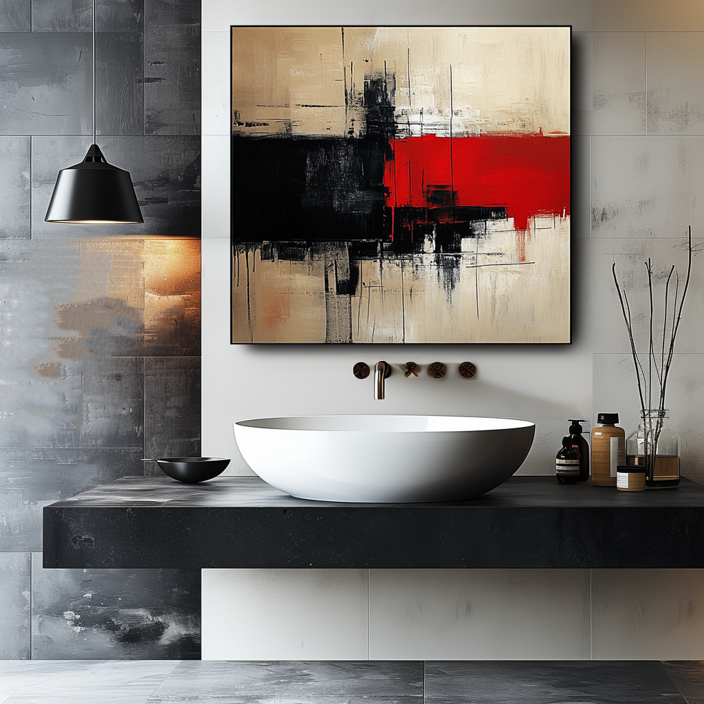 Abstract Black, Red, and Beige Art – Modern Geometric Painting