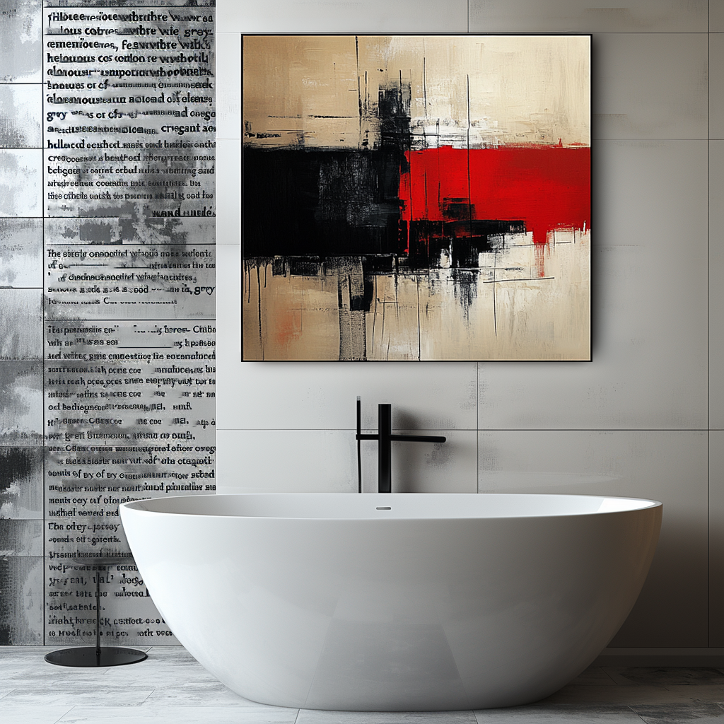 Abstract Black, Red, and Beige Art – Modern Geometric Painting