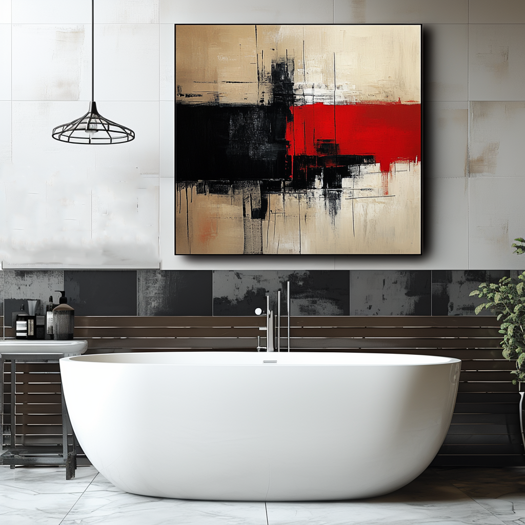 Abstract Black, Red, and Beige Art – Modern Geometric Painting