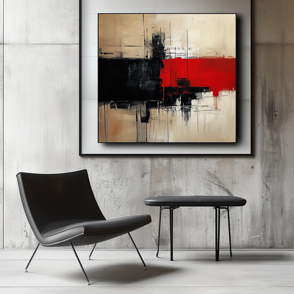 Abstract Black, Red, and Beige Art – Modern Geometric Painting