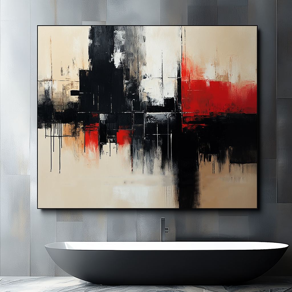 Bold Abstract Art – Red, Black, and Beige Geometric Painting