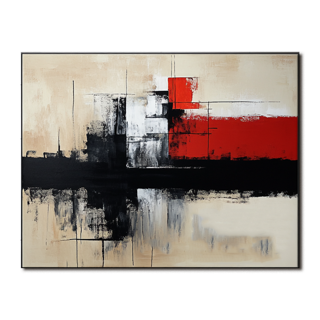 Modern abstract painting with red, black, and beige geometric shapes and bold brushstrokes.