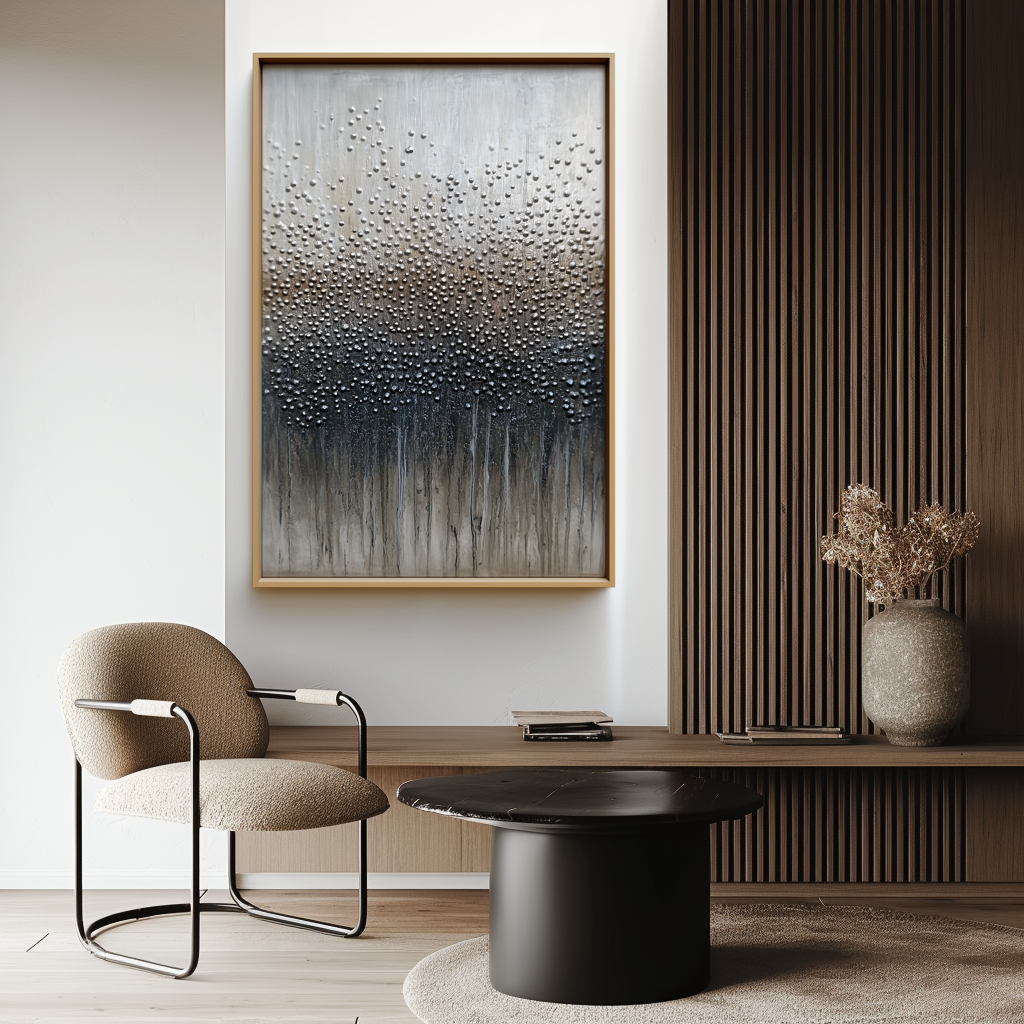 Abstract textured painting with beaded pattern in gray, black, and white, with fluid paint drips at the bottom