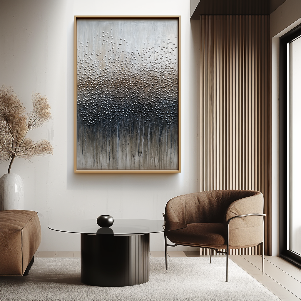 Abstract textured painting with beaded pattern in gray, black, and white, with fluid paint drips at the bottom