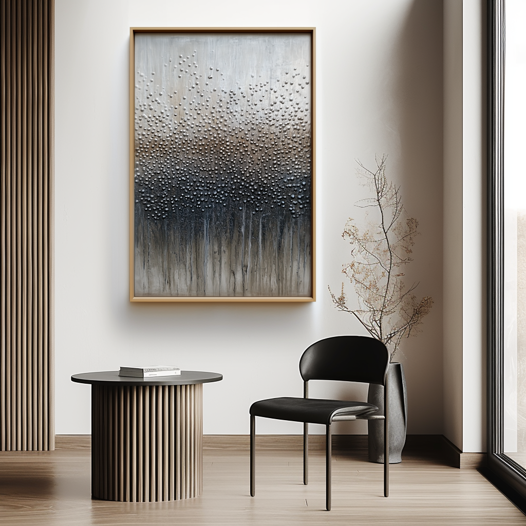 Abstract textured painting with beaded pattern in gray, black, and white, with fluid paint drips at the bottom