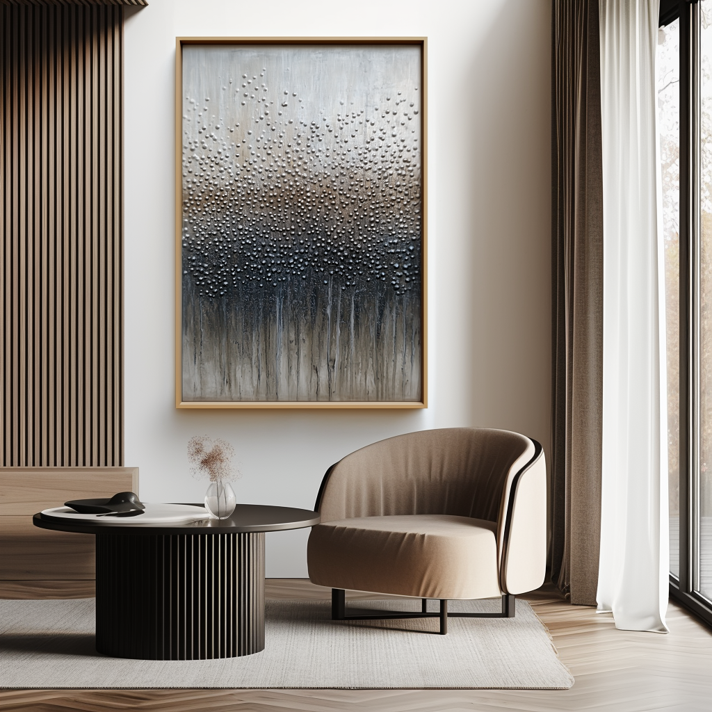 Abstract textured painting with beaded pattern in gray, black, and white, with fluid paint drips at the bottom