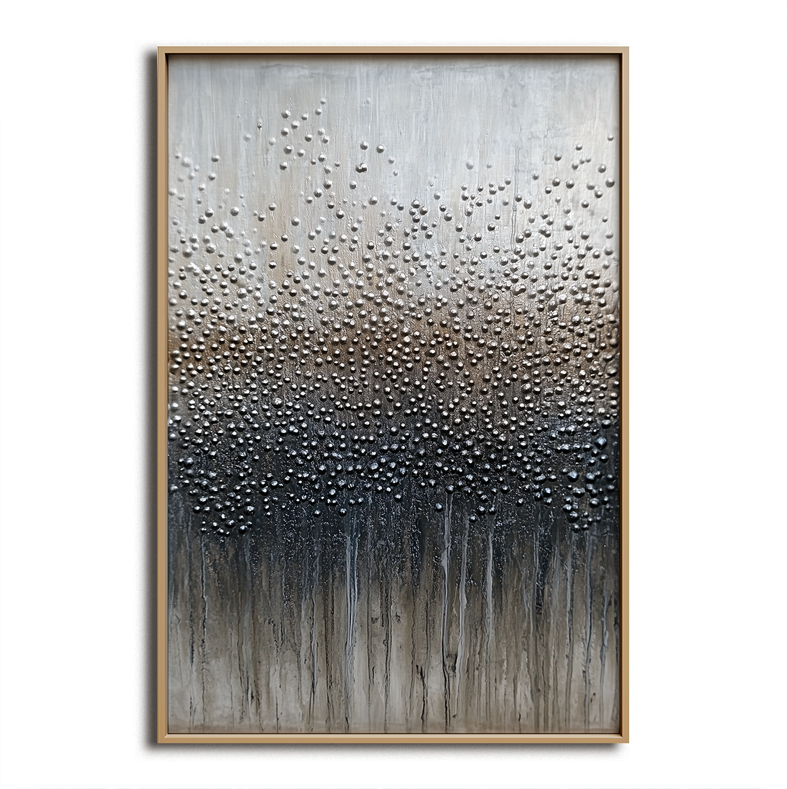 Abstract textured painting with beaded pattern in gray, black, and white, with fluid paint drips at the bottom