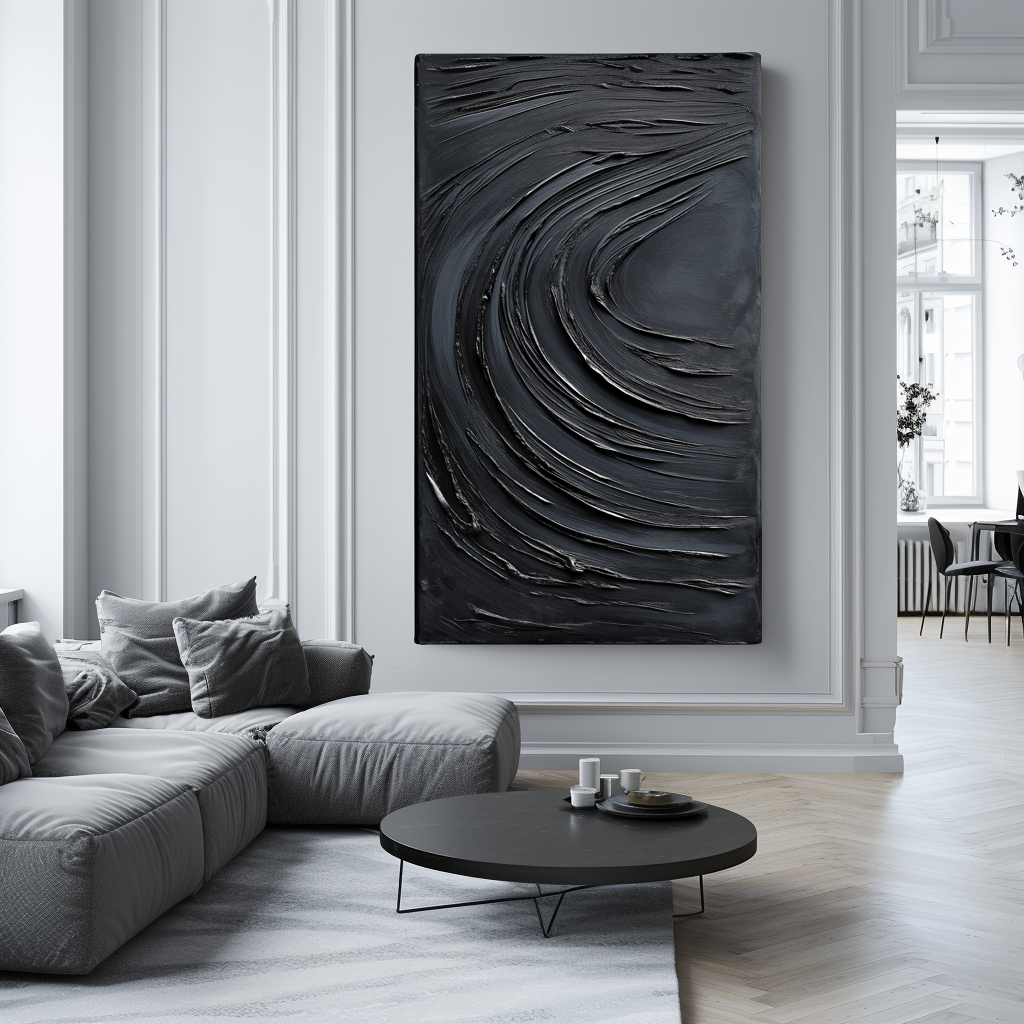 Abstract Black Wave - Textured Oil Painting
