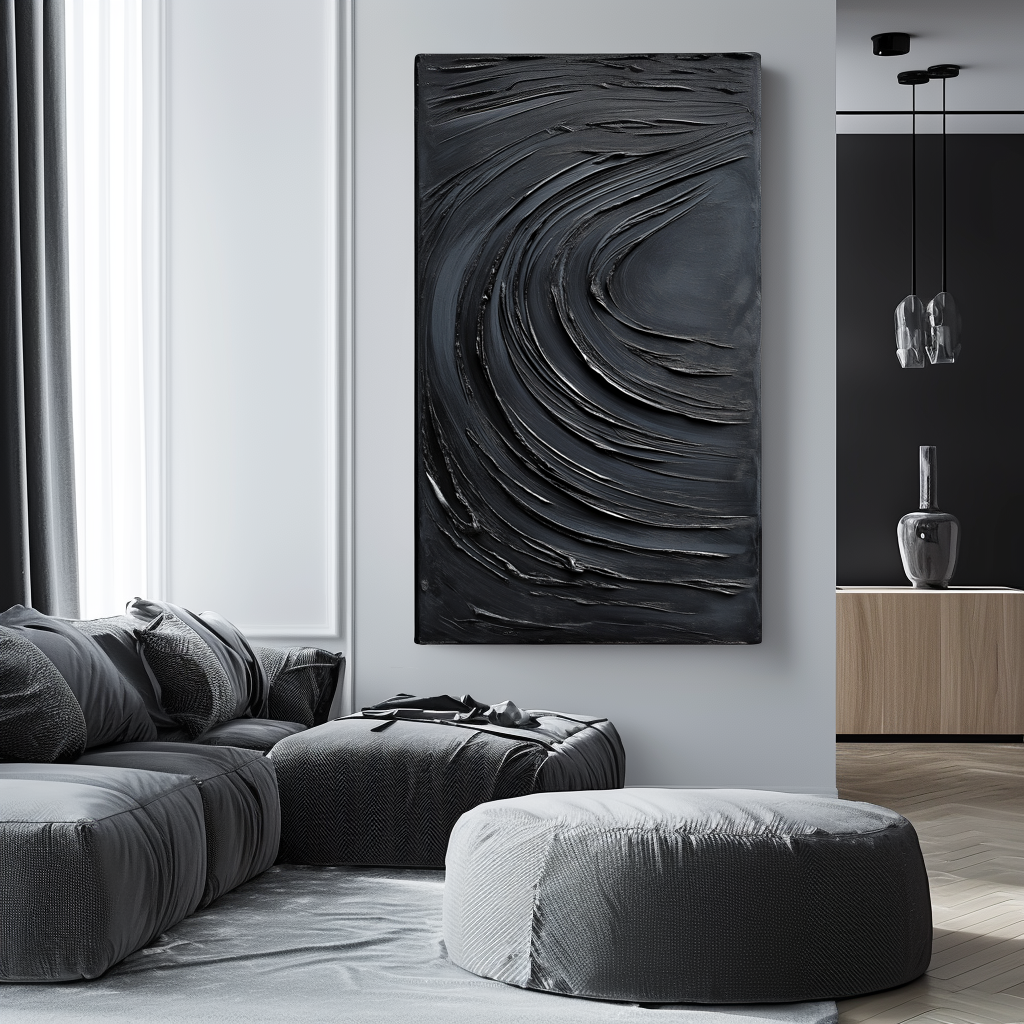 Abstract Black Wave - Textured Oil Painting