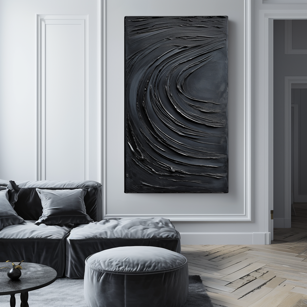 Abstract Black Wave - Textured Oil Painting