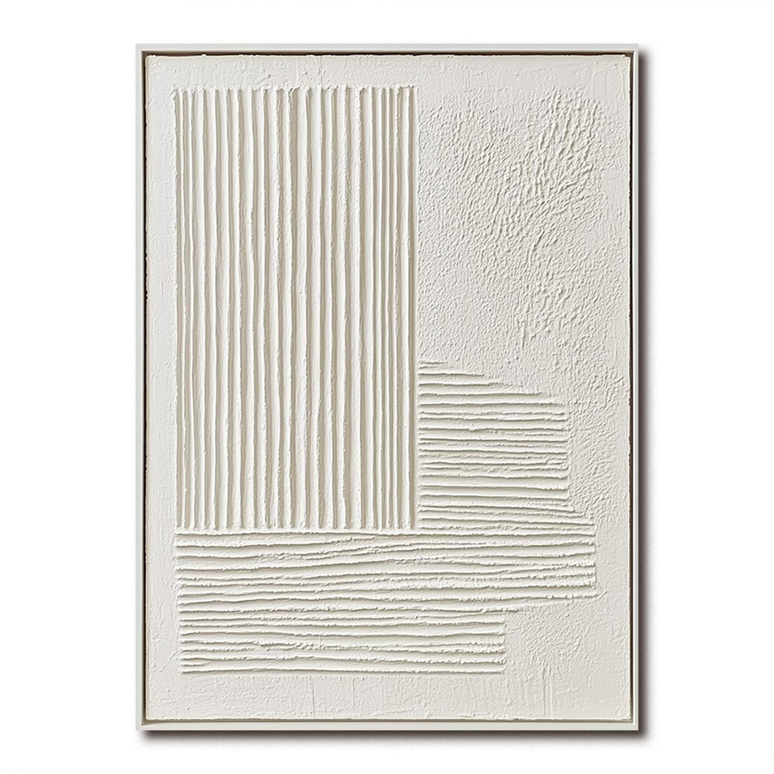 Minimalist white abstract textured art with raised relief stripes in vertical and horizontal patterns.
