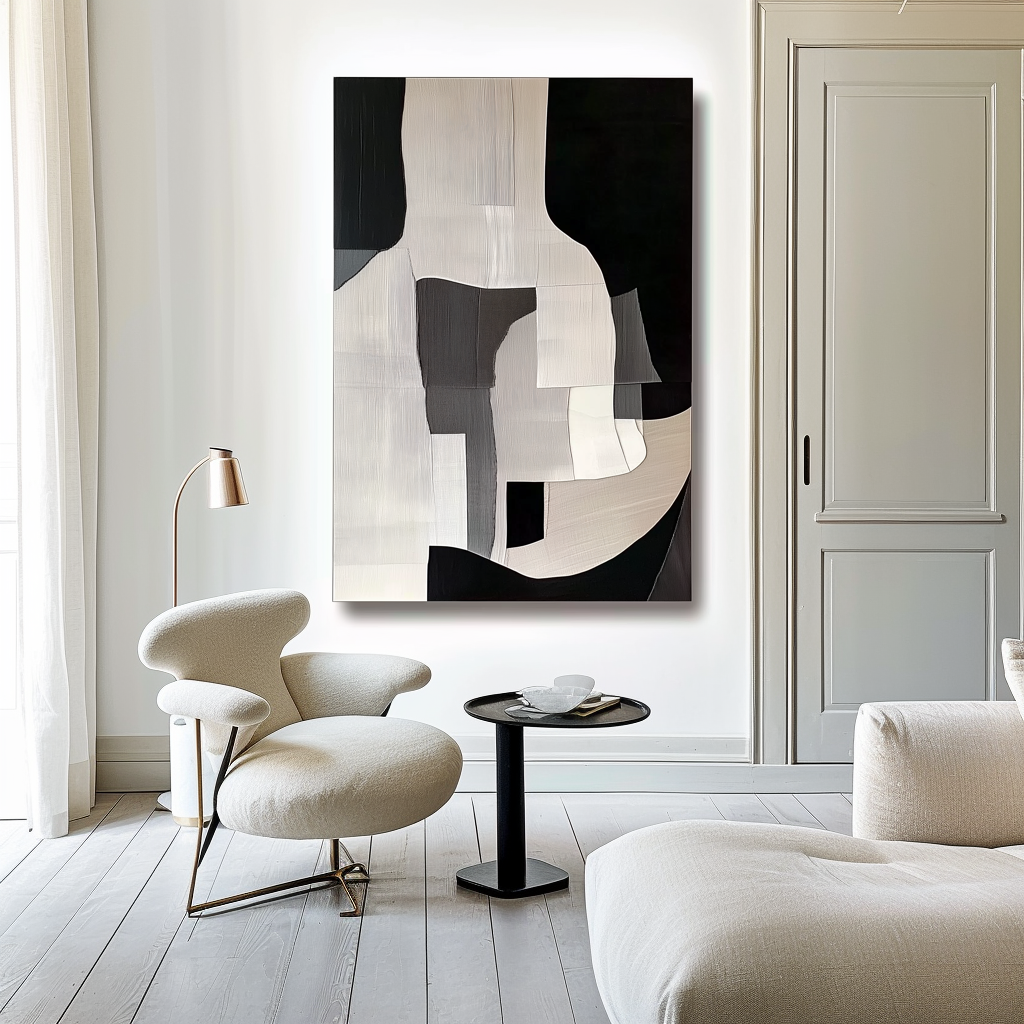 Abstract geometric painting with black, white, and gray blocks and textures.