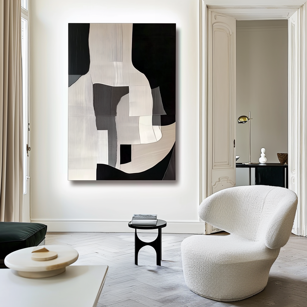 Abstract geometric painting with black, white, and gray blocks and textures.
