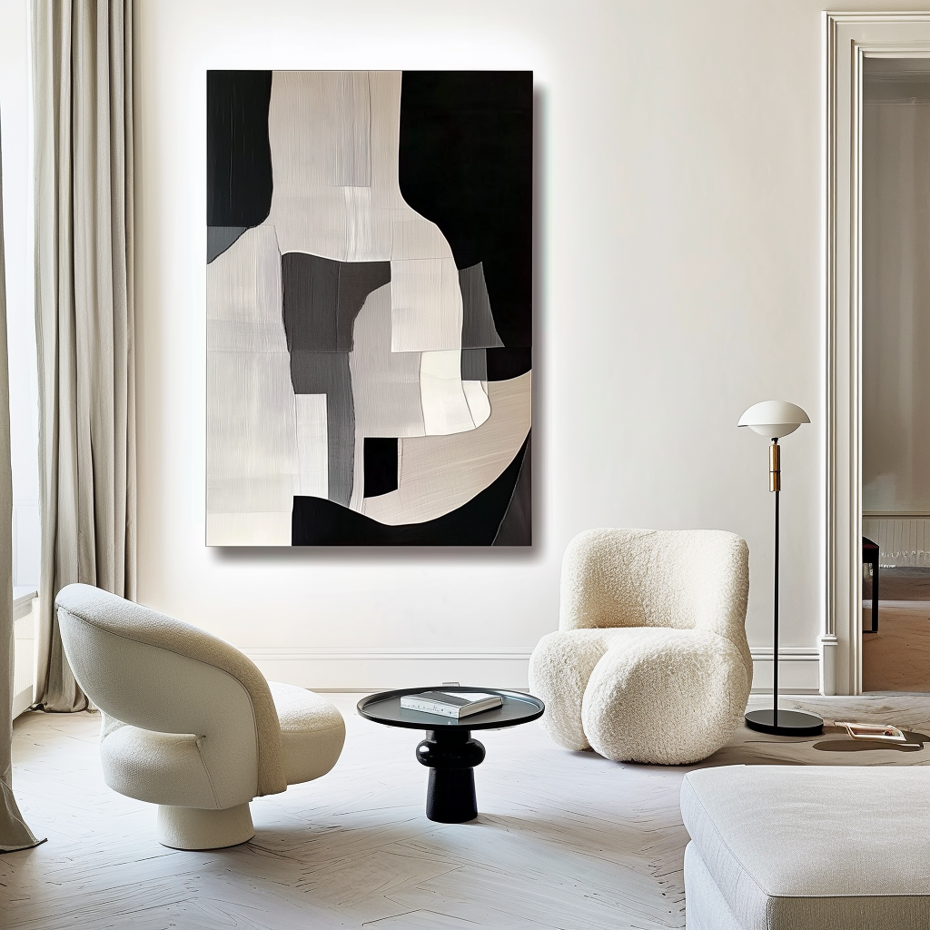 Abstract geometric painting with black, white, and gray blocks and textures.