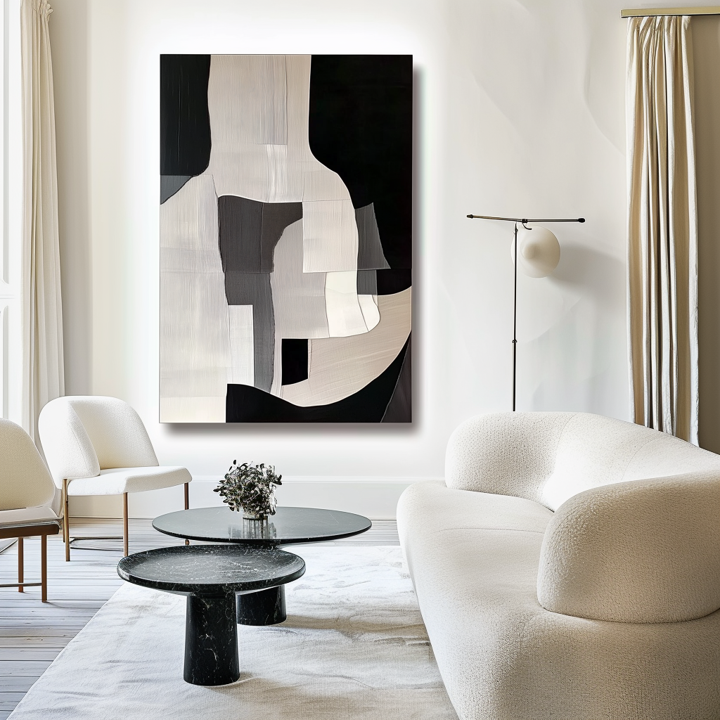 Abstract geometric painting with black, white, and gray blocks and textures.
