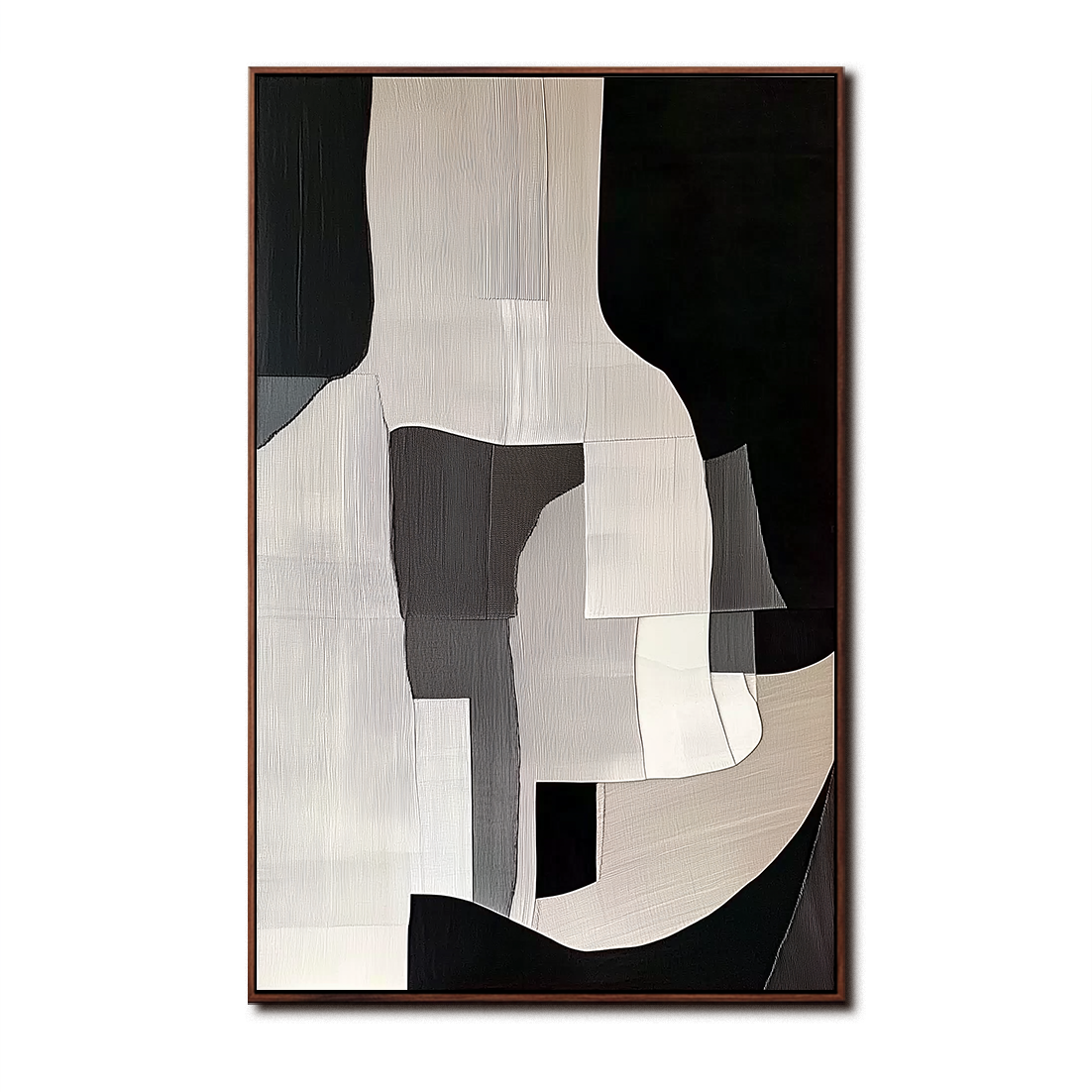 Abstract geometric painting with black, white, and gray blocks and textures.