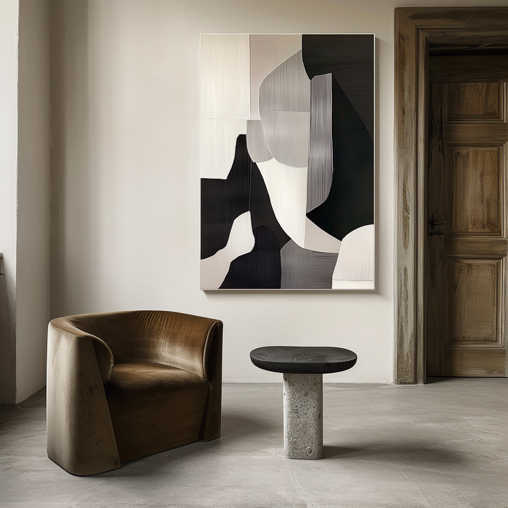 Minimalist abstract black and white painting with textured lines and geometric shapes