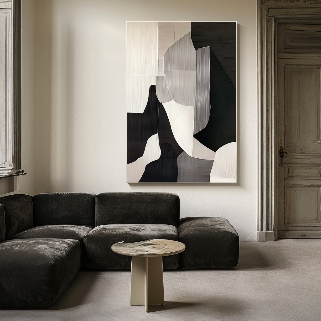 Minimalist abstract black and white painting with textured lines and geometric shapes