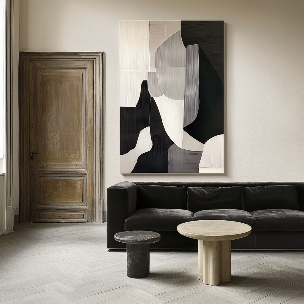 Minimalist abstract black and white painting with textured lines and geometric shapes