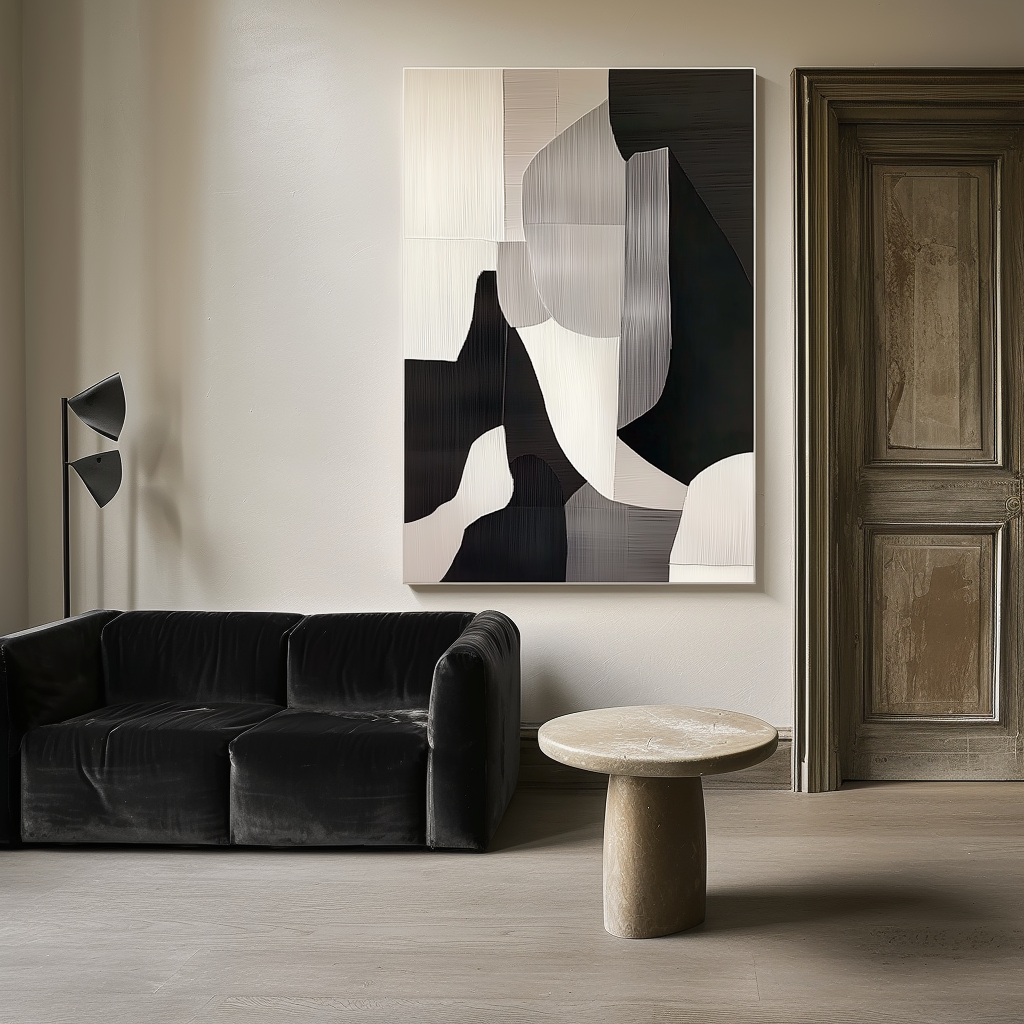 Minimalist abstract black and white painting with textured lines and geometric shapes