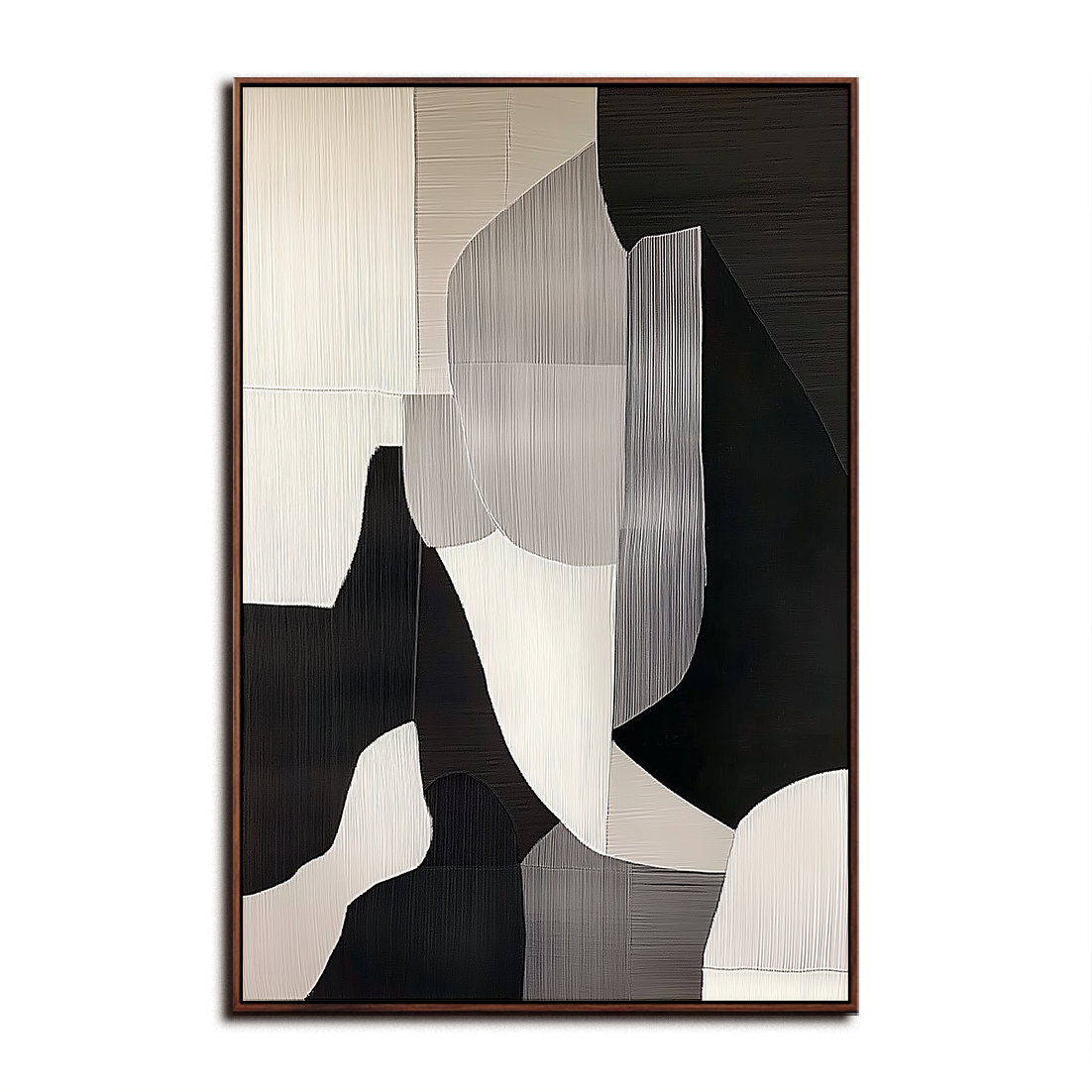 Minimalist abstract black and white painting with textured lines and geometric shapes
