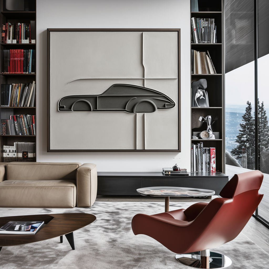 Abstract textured oil painting of a car design with minimalist lines and geometric shapes in gray and beige