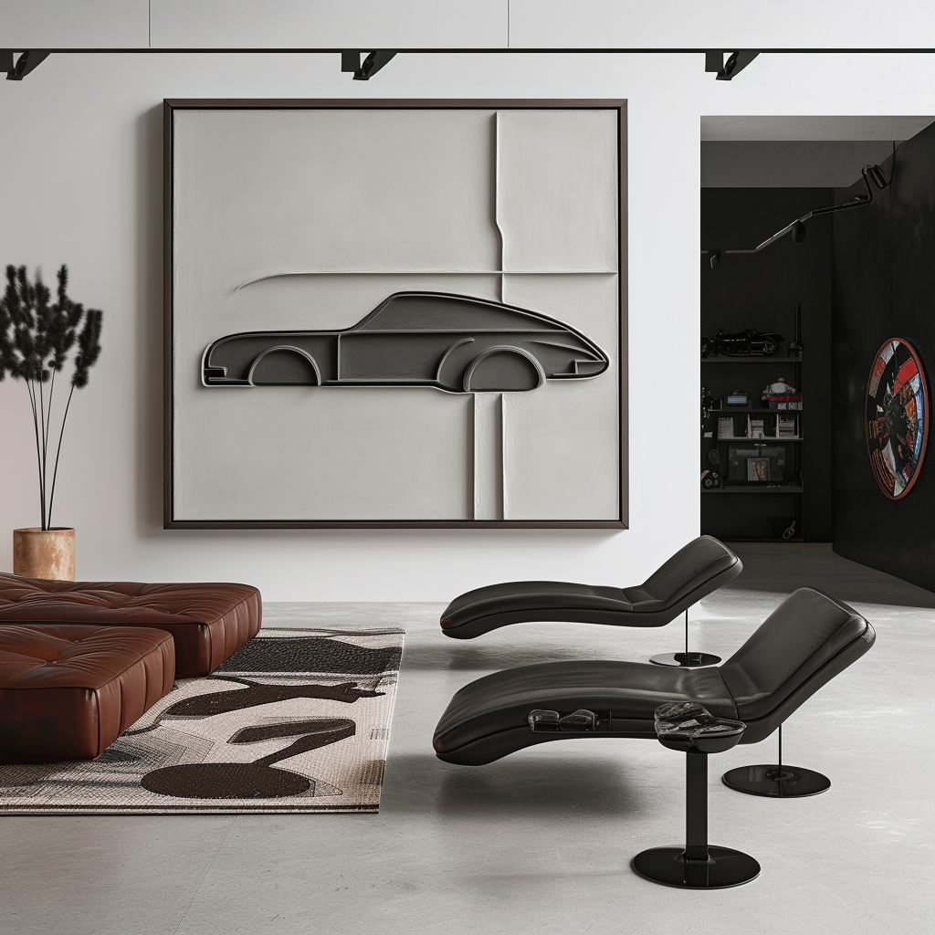 Abstract textured oil painting of a car design with minimalist lines and geometric shapes in gray and beige