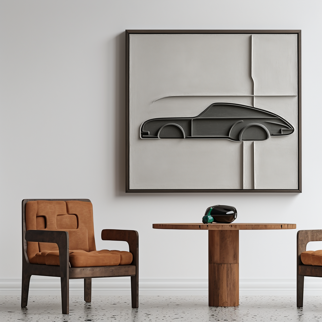 Abstract textured oil painting of a car design with minimalist lines and geometric shapes in gray and beige