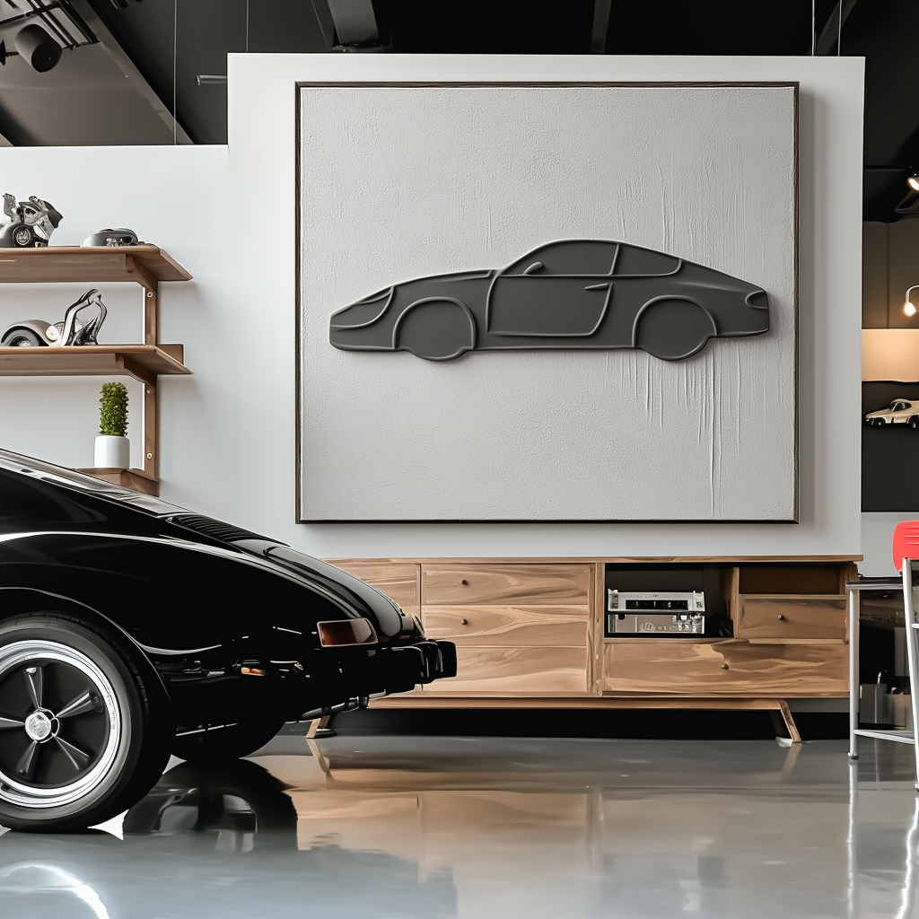 Minimalist 3D wall art featuring a raised car silhouette on white textured canvas