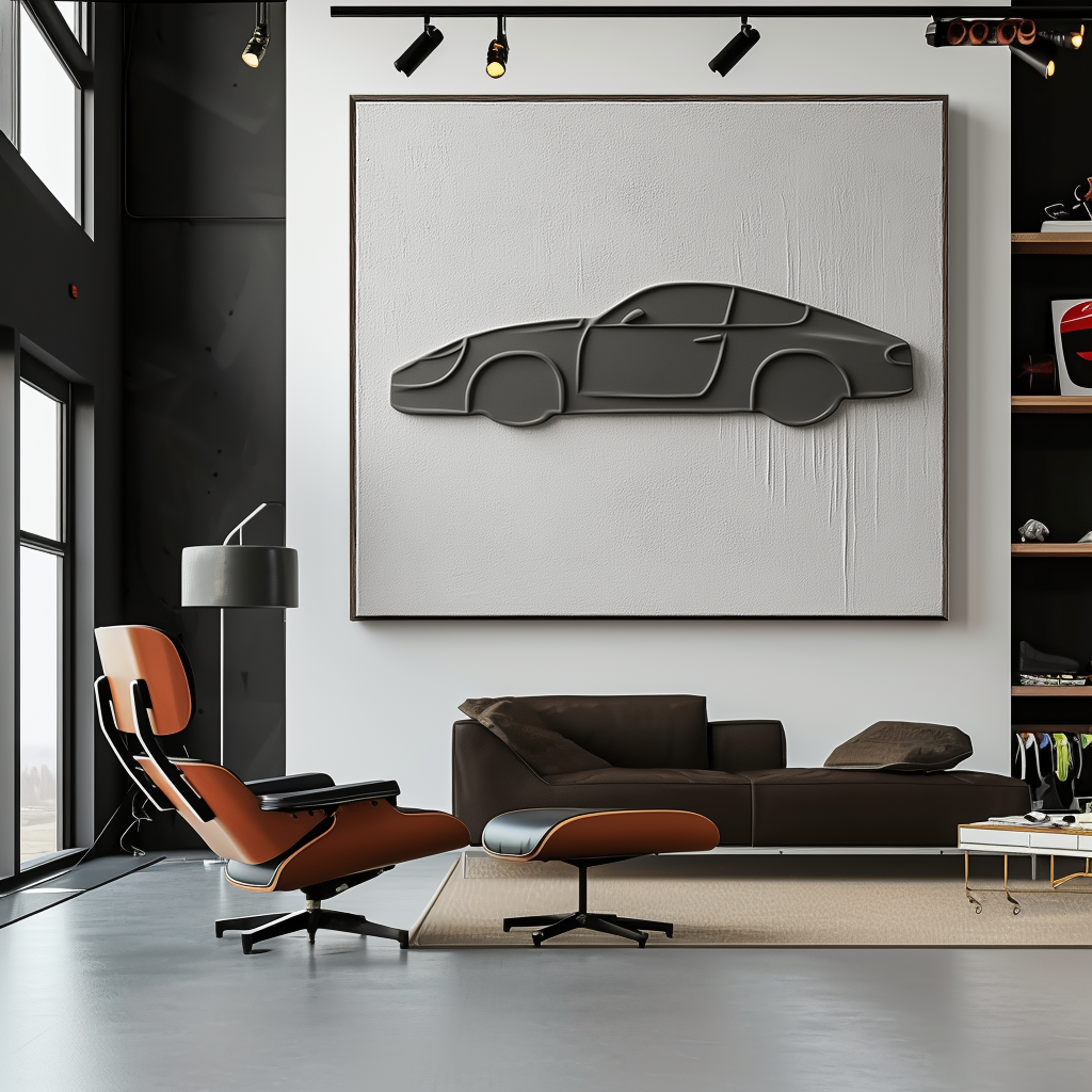 Minimalist 3D wall art featuring a raised car silhouette on white textured canvas