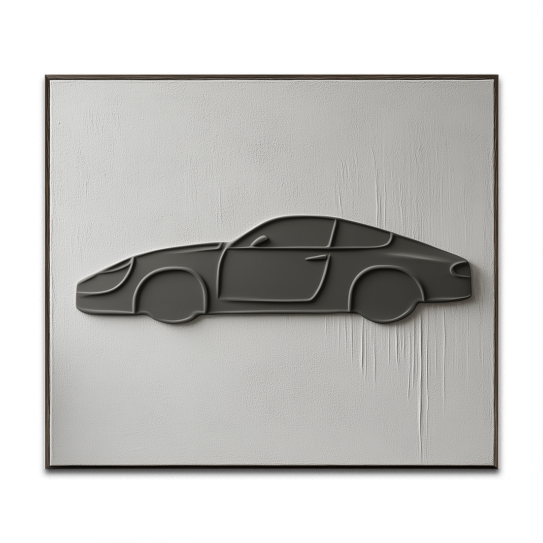 Minimalist 3D wall art featuring a raised car silhouette on white textured canvas
