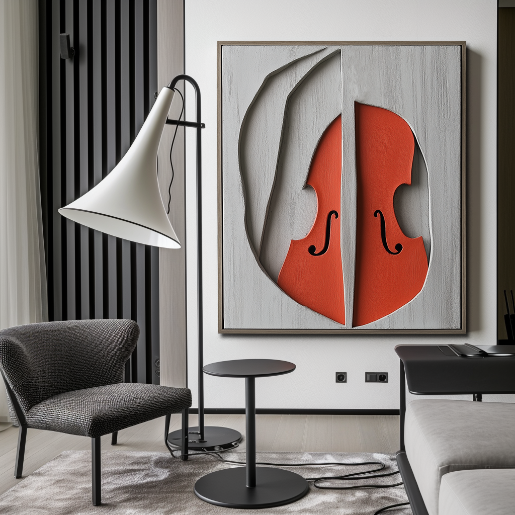 Abstract Violin Art – Textured 3D Relief Design in Red and Gray
