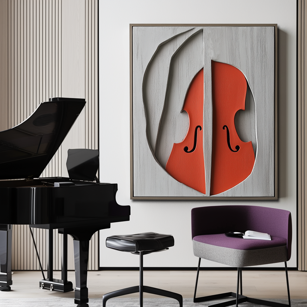 Abstract Violin Art – Textured 3D Relief Design in Red and Gray
