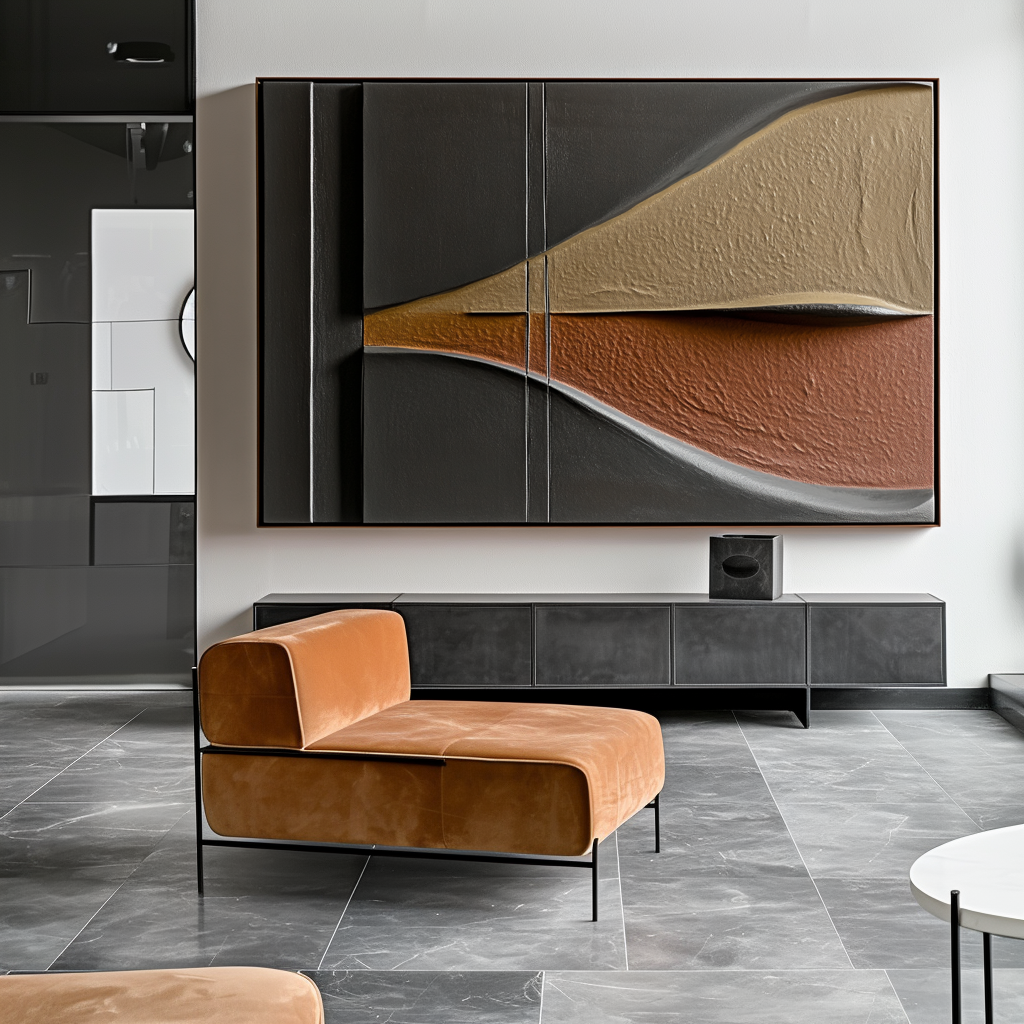 Abstract geometric art with textured 3D design in earthy brown, tan, and gray tones.