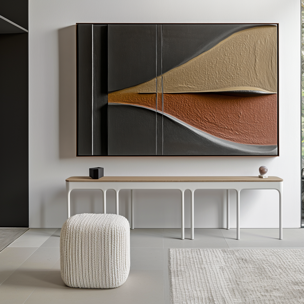 Abstract geometric art with textured 3D design in earthy brown, tan, and gray tones.