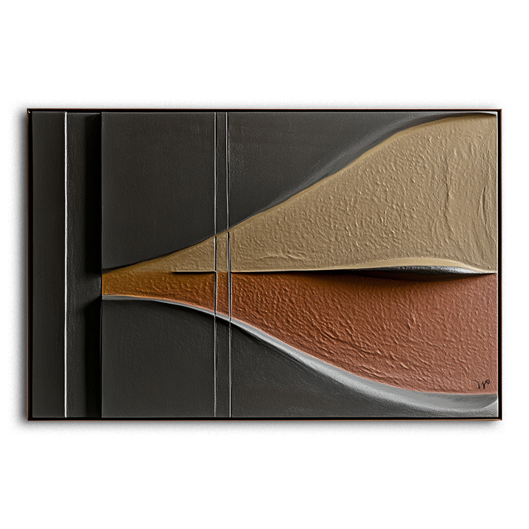 Abstract geometric art with textured 3D design in earthy brown, tan, and gray tones.