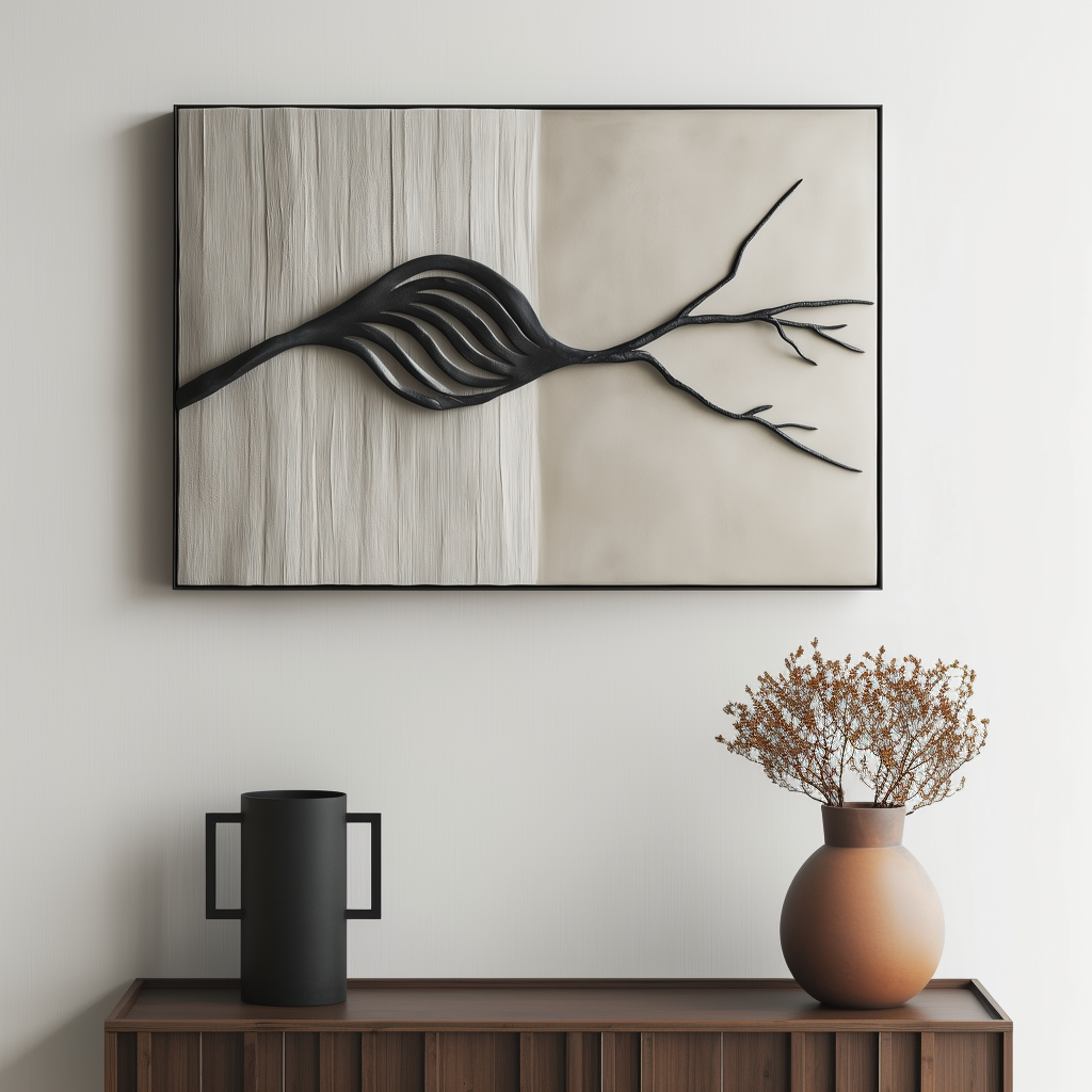 Textured oil painting of an abstract leaf and branch with black and beige tones