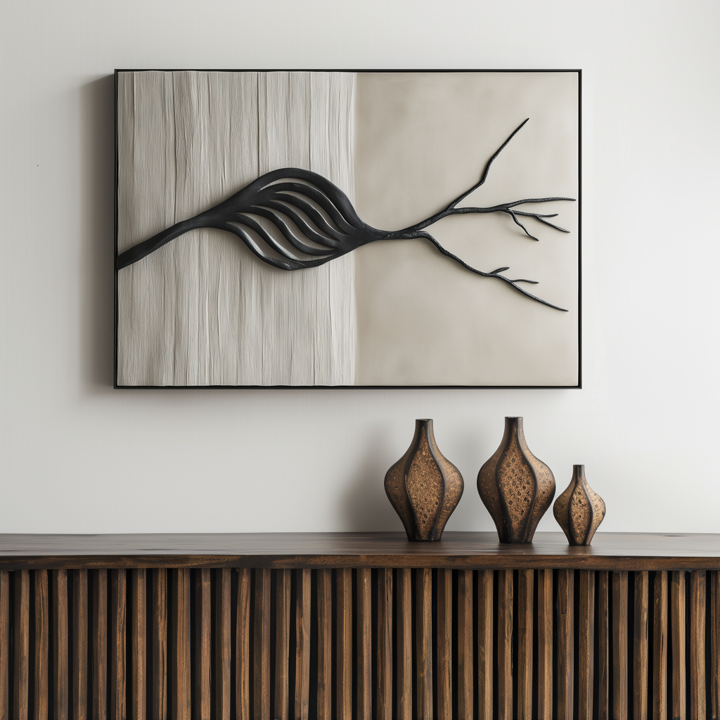 Textured oil painting of an abstract leaf and branch with black and beige tones