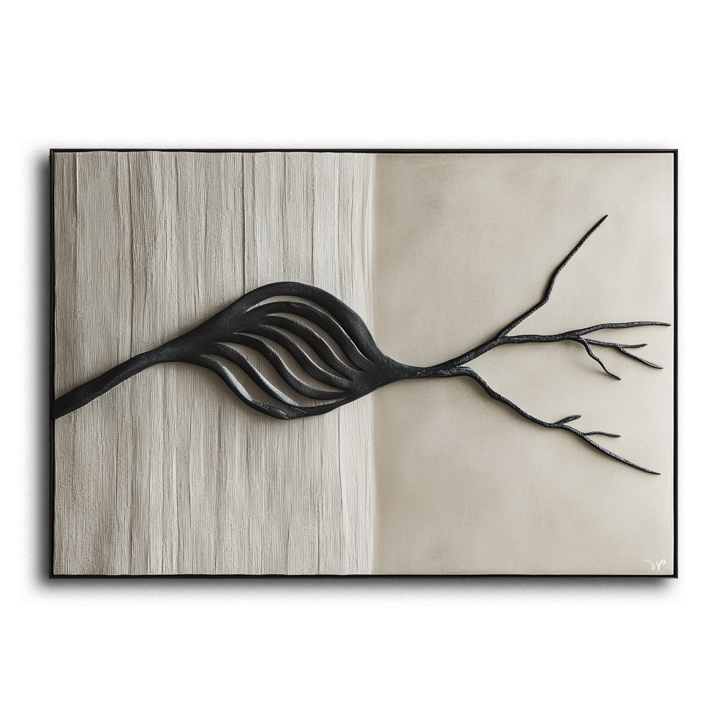 Textured oil painting of an abstract leaf and branch with black and beige tones