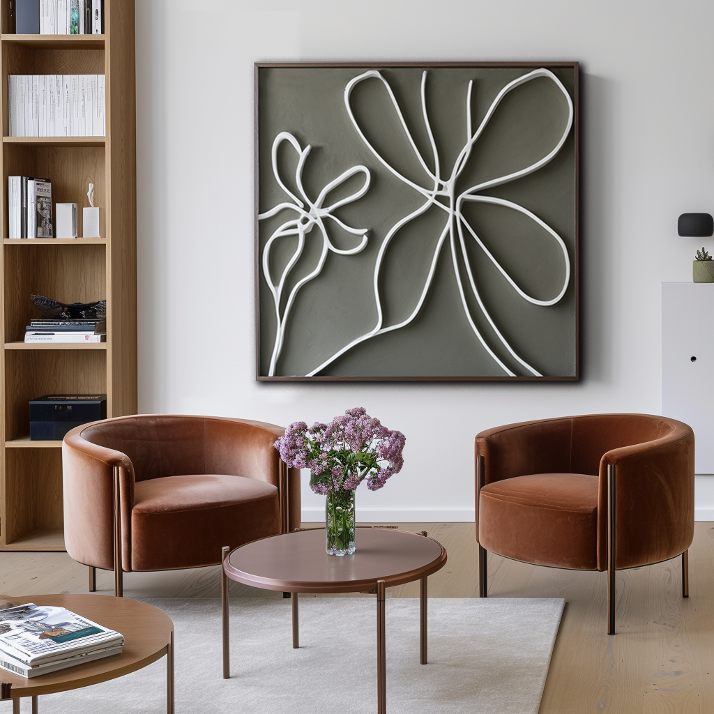 Abstract minimalist oil painting of white flowers with flowing lines on a soft gray background