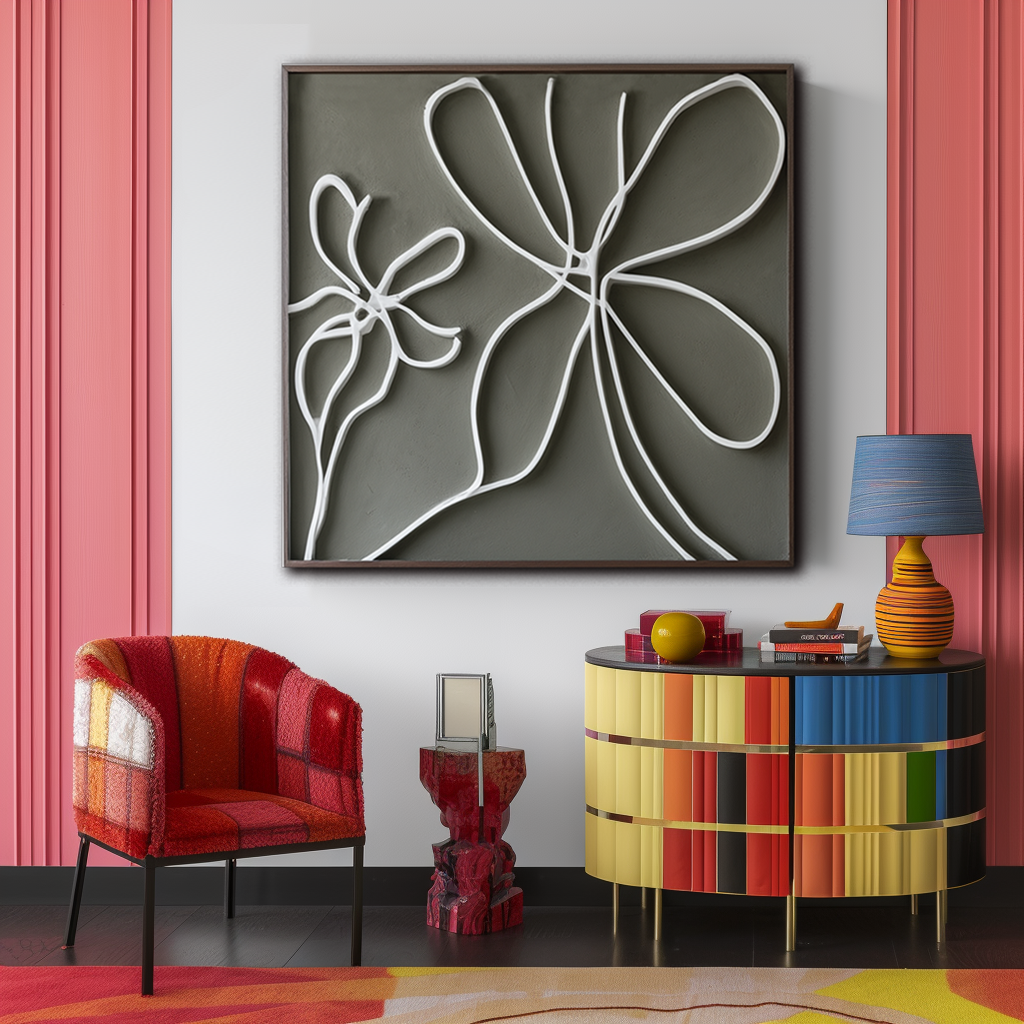 Abstract minimalist oil painting of white flowers with flowing lines on a soft gray background