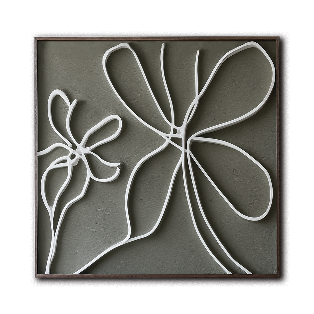 Abstract minimalist oil painting of white flowers with flowing lines on a soft gray background