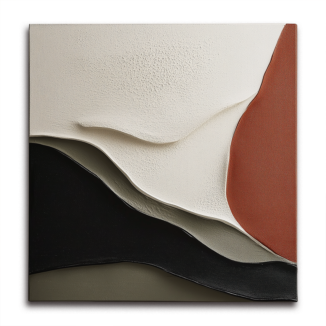 Minimalist oil painting of abstract flowing shapes in white, black, and rust with textured surface
