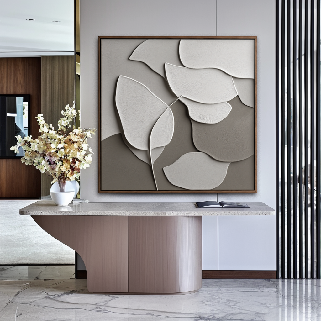 Minimalist abstract oil painting of textured leaves in white and beige on a gradient background