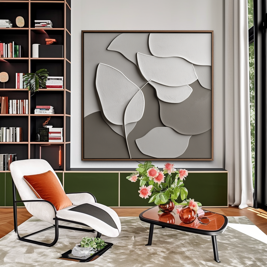 Minimalist abstract oil painting of textured leaves in white and beige on a gradient background