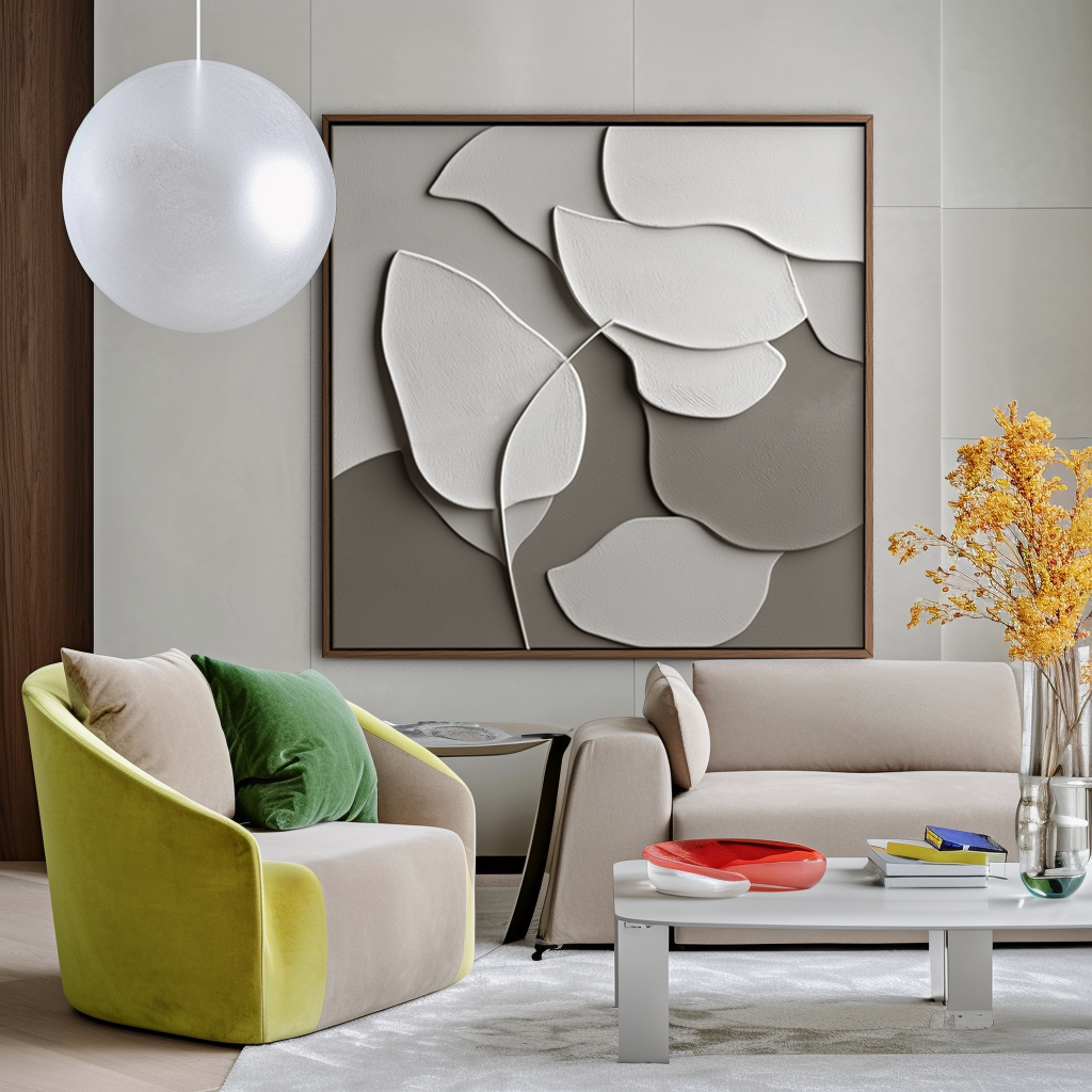 Minimalist abstract oil painting of textured leaves in white and beige on a gradient background