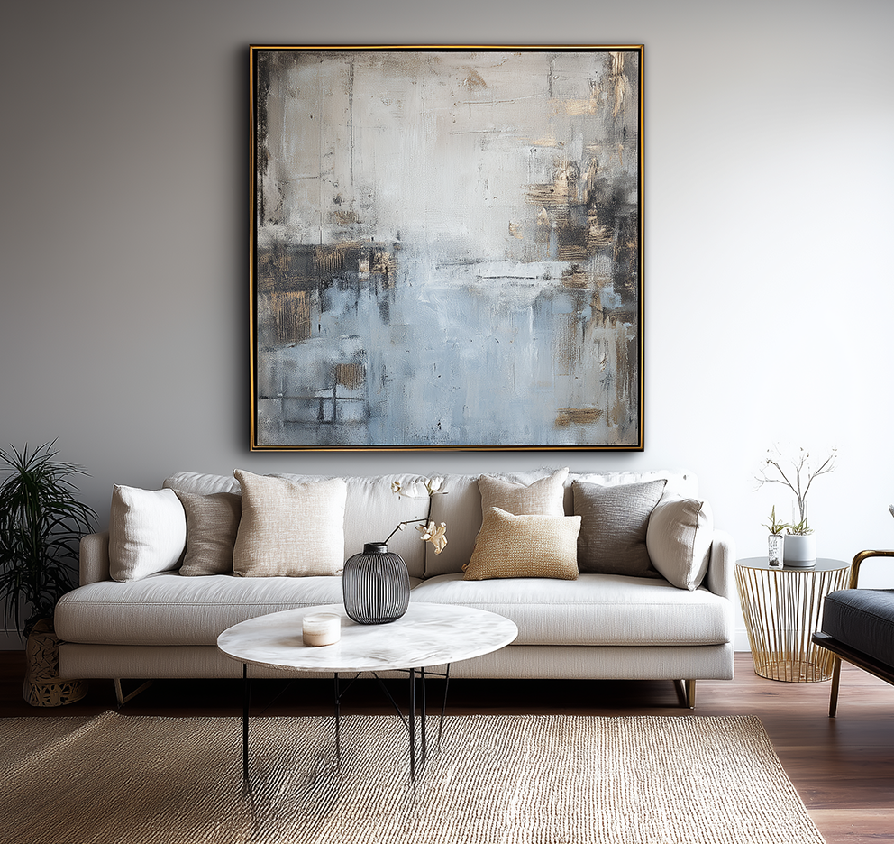 Abstract oil painting with soft blues, grays, and gold accents, minimalist art