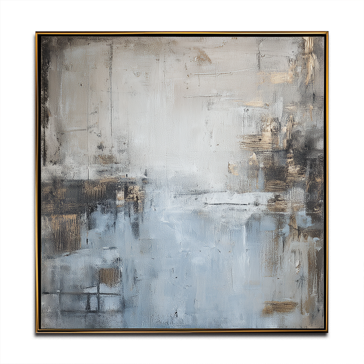 Abstract oil painting with soft blues, grays, and gold accents, minimalist art