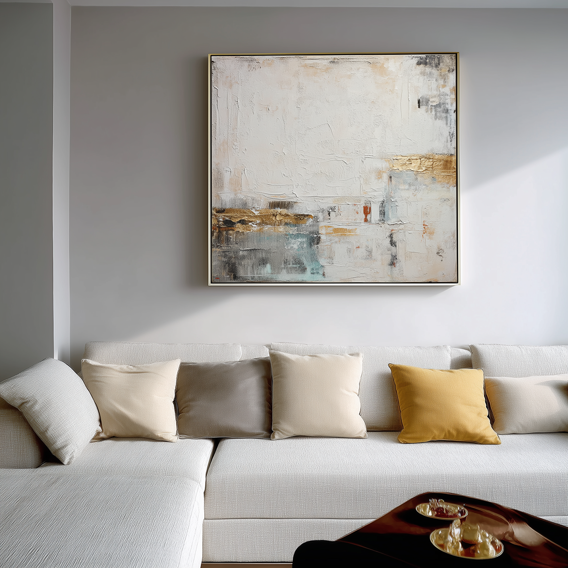 Abstract oil painting with gold accents, soft whites, and cool tones, minimalist modern art