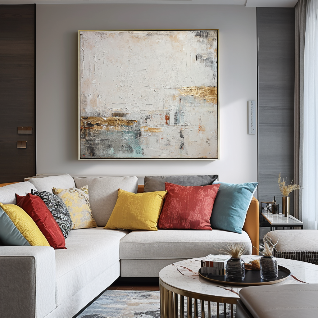 Abstract oil painting with gold accents, soft whites, and cool tones, minimalist modern art